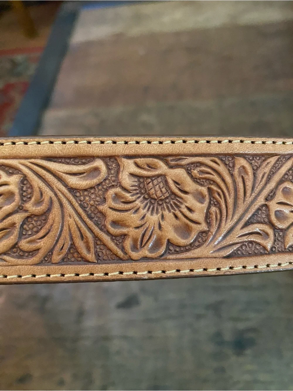 Vintage Tooled Leather Western Belt with Engraved Buckle - Tan 38